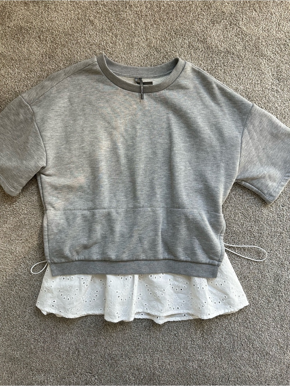 Anthropologie Gray Short-Sleeve Layered Sweatshirt with White Eyelet Hem